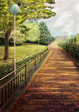 Park pathway with trees and buildings