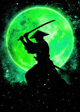 Samurai Silhouette Under Green Moon