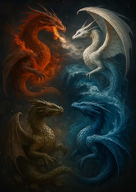 Four Elemental Dragons in Cosmic Battle