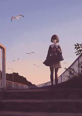 Anime Girl on Steps at Sunset