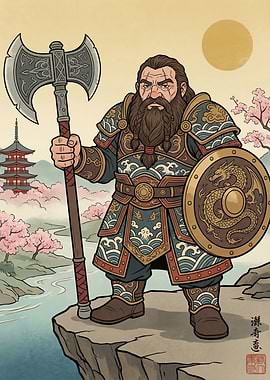 Dwarf Warrior in Japanese Landscape