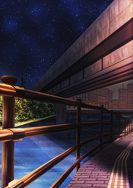 Nighttime cityscape with bridge and river