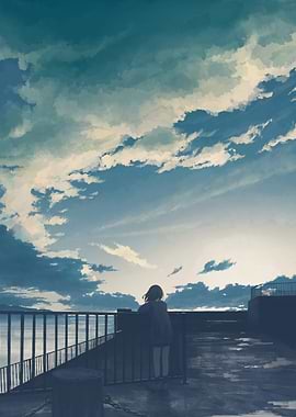 Girl Gazing at Cloudy Sky by the Water