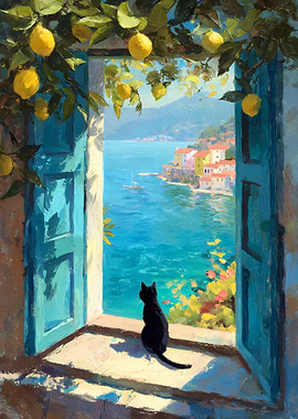 Black Cat Gazes at Mediterranean Coast