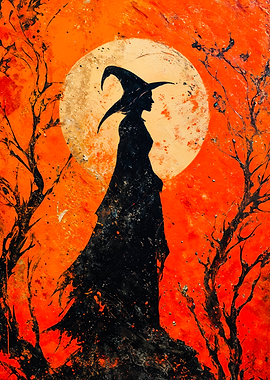 Black Witch Silhouette Orange Moon