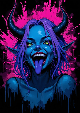 Blue Demon Girl with Horns and Tongue Out
