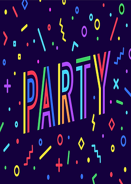 Party text with colorful confetti