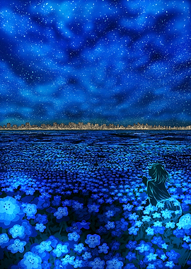 Girl in a field of glowing flowers under starry sky