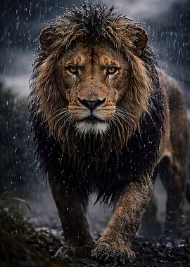 Majestic Lion in the Rain