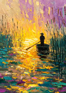 Person Rowing Boat Sunset Painting