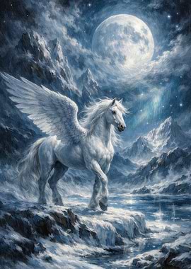 Pegasus in a Snowy Moonlit Landscape