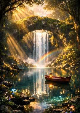 Enchanted Forest Waterfall with Boat