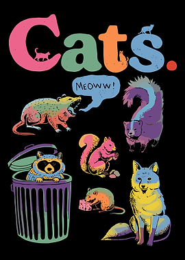 Cats Poster Funny Meme Art, Colorful Pop Art Animals Wall Print, Whimsical Humor Decor