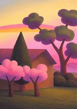 Stylized Landscape with Trees and House