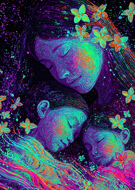 Neon Mother Children Floral Portrait