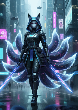 Cyberpunk Fox Warrior with Swords