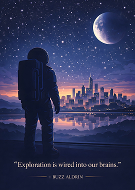 Astronaut gazing at a futuristic city under starry sky