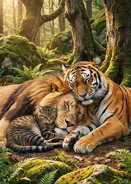 Lion, Tiger, and Cat Sleeping Together