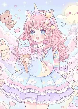 Cute Unicorn Girl with Ice Cream