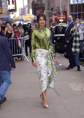 Priyanka Chopra Jonas in Metallic Green and Floral Skirt
