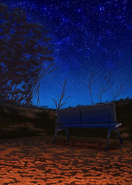 Park Bench Under Starry Night Sky