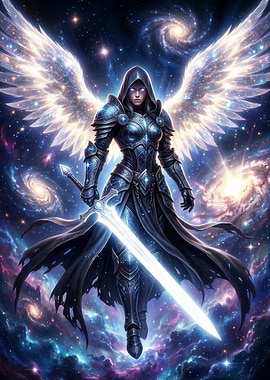 Cosmic Angel Warrior with Glowing Sword
