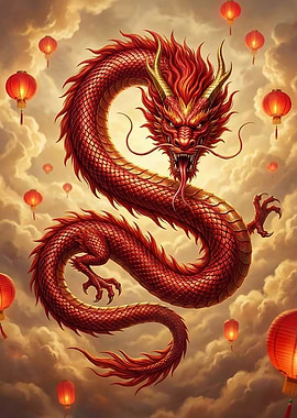 Red Dragon with Lanterns
