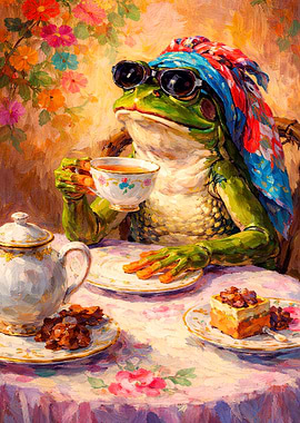 Frog Enjoying Tea with Cake