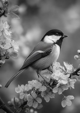 Black and White Bird on Cherry Blossoms