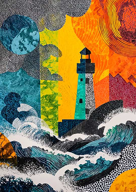 Abstract Lighthouse Ocean Wave Collage