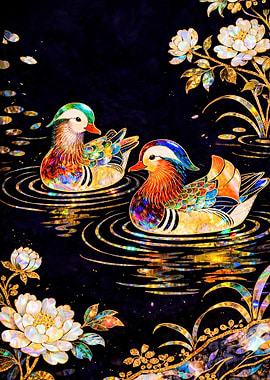 Mandarin Ducks and Flowers