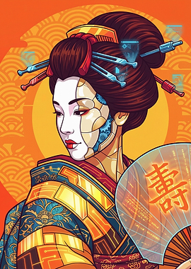 Cyberpunk Geisha with Digital Fan