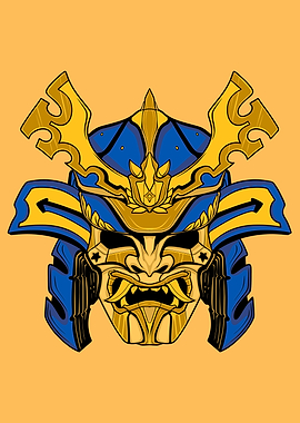 Samurai Mask with Blue and Gold Accents