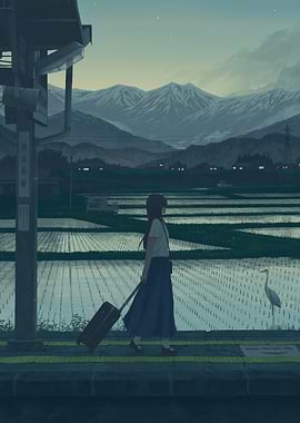 Girl with Suitcase at Train Station