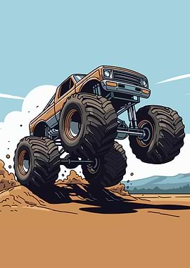 Monster Truck Jumping Dirt Ramp Vector Art