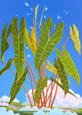 Giant tropical leaves against a blue sky