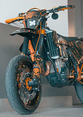 Customized Orange and Black Supermoto Motorcycle
