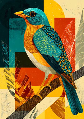 Abstract Colorful Bird On Branch