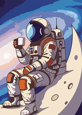 Astronaut enjoying coffee on the moon