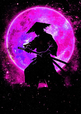 Samurai Silhouette Under Pink Moon