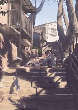 Girl petting cats on stairs