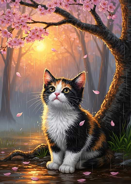 Cute Calico Kitten in Cherry Blossom Rain