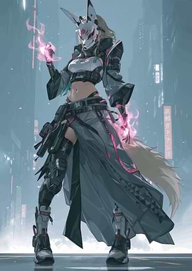 Cyberpunk Kitsune Woman in City