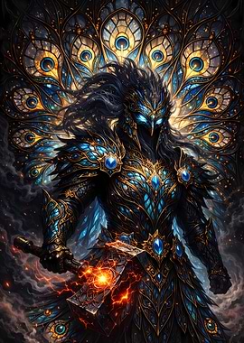 Warrior with Peacock Armor and Hammer