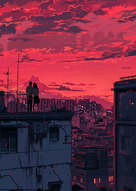 Couple watching a vibrant sunset over city
