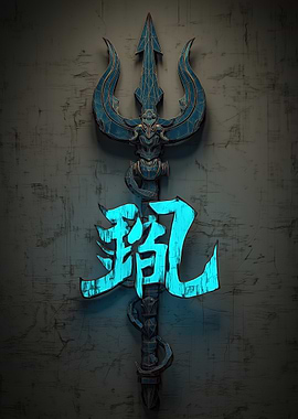 Trident with Glowing Chinese Characters