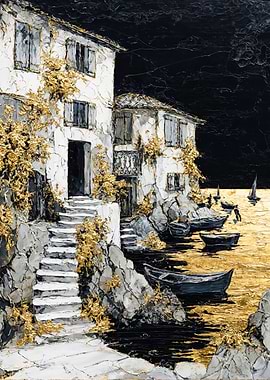 Coastal Village Golden Sea Painting