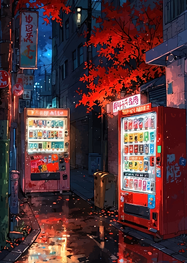 Japanese Street at Night with Vending Machines