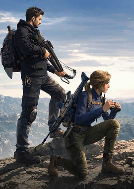 Two adventurers with weapons in mountains