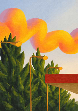 Surreal Sky with Orange Clouds and Green Trees